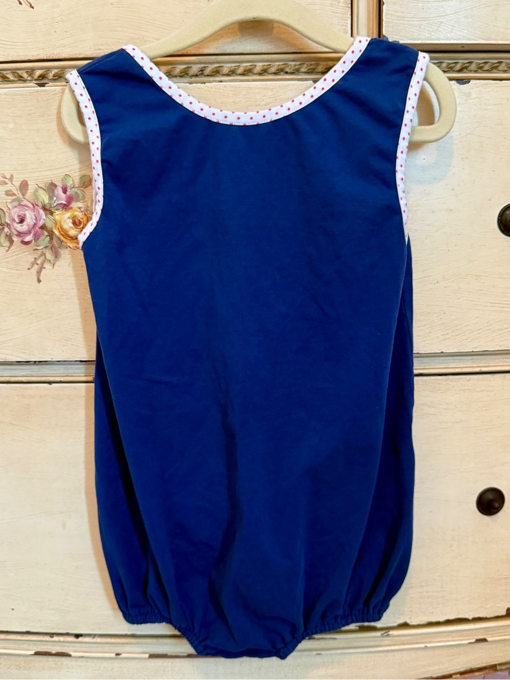 Navy Sleeveless Bubble Bodysuit with Polka-Trim